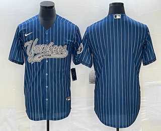 Men%27s New York Yankees Big Logo Navy Blue Pinstripe Cool Base Stitched Baseball Jersey->new york yankees->MLB Jersey